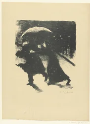 Mann und Frau unter einem Regenschirm im Schnee bei Nacht
