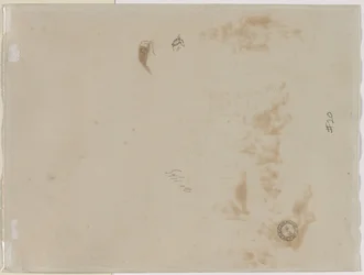 Skizze eines Mannes mit erhobenem Arm und Skizze eines Helms (verso)