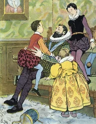 König von Frankreich Henri IV spielt mit seinen Kindern (1553-1610) Illustration von Edouard Zier in „Nos-Gloriers-Nationales“ 1920 Privatsammlung