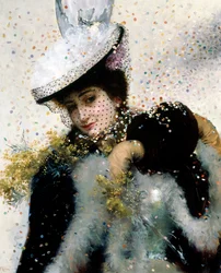 Eine Winterbraut. Eine junge Frau in einem Pelzmantel, mit Muff und Schleierhut, lächelt unter einem Konfettiregen. Gemälde von Edouard Frederic Wilhelm Richter