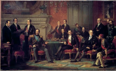 Der Pariser Kongress vom 25. Februar bis 30. März 1856 trat am Ende des Krimkriegs unter Napoleon III. mit den Außenministern der europäischen Staaten zusammen. Gemälde von Édouard Louis Dubufe (1820-1883). 1856. Leinwand. 3,08 x 5,10 m