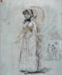Frau mit offenem Regenschirm gehend, 1880