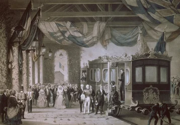 Königin Victoria (1819-1901) und Prinz Albert (1819-61) Ankunft am Bahnhof Gosport, Hampshire, graviert von Bayot & Cuvilier, 1846