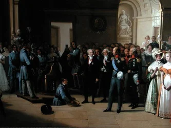 Zar Alexander I. (1777-1825) besucht das Pariser Hotel de La Monnaie am 25. Mai 1814
