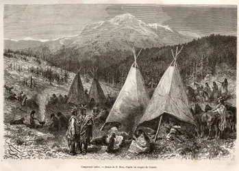 Ein Indianerlager im Utah-Territorium, am Ufer des Riviere Verte. Gravur nach der Zeichnung von E. Riou, um die Geschichte La conquete blanche von William Hepworth Dixon in 1875 zu illustrieren, veröffentlicht in "Le tour du monde" 1876, herausgegeben von 