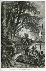 Ankunft des Floßes von Dr. Crevaux und E. Lejeanne an den Ufern des Dorfes Mitouas. Gravur von Riou, zur Illustration der Entdeckungsreise durch Neugranada und Venezuela, von Dr. Crevaux, Arzt erster Klasse der Marine und E. Lejeanne