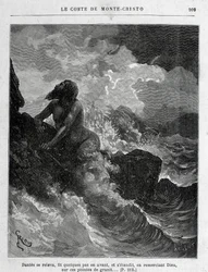 Dantès entkommt schwimmend - Gravur von Riou, in „Der Graf von Monte Cristo“ von A. Dumas, ed. Jules Rouff & Cie