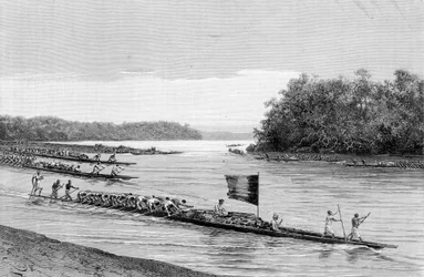 Abreise aus dem Dorf Lambarene in Afrika. In „Reise in Westafrika“ von Brazza