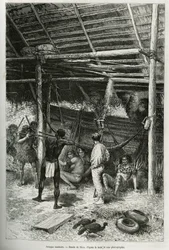 Morgendlicher Angriff auf die Hütte des Entdeckers durch Indianer von den Ufern des Amazonas. Gravur von Riou, zur Illustration der Geschichte von Cayenne zu den Anden von Jules Crevaux, Arzt der französischen Marine, 1878-1879, veröffentlicht in Le tour d
