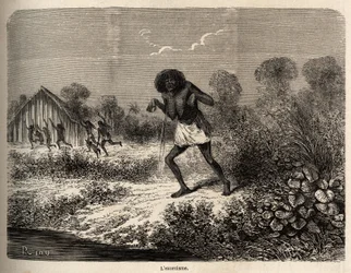 Panik unter den Conibos-Indianern, die bei der Ankunft der Expedition von Paul Marcoy in der Nähe von Tumbaya (Peru) flohen, der selbst Opfer einer bösen Beschwörung durch einen alten Indianer wurde, Zeichnung von Riou zur Illustration der Reise von 1848 b