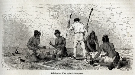 Paul Marcoy lernte, einen Teppich mit den Witwen von Sarayacu (Peru) zu machen