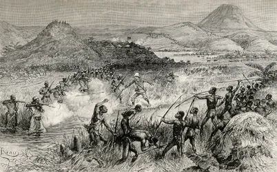 Sir Henry Morton Stanleys erste Begegnung mit den Mazamboni, 1890 (Holzstich)