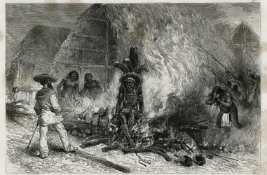 Die Einäscherung eines Roucouyenne (oder Wayana), Stammes, der entlang der Mana- und Maroni-Flüsse lebt, vor dem Scheiterhaufen, Dr. Crevaux, Gravur von Riou, um die Reise der Erkundung im Inneren von Guyana von Dr. Jules Crevaux, Arzt der französischen Ma