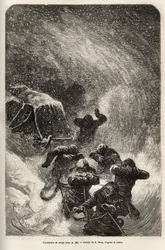 Die Besatzung des Schiffes La Germania, die auf dem Eis für ein Jagdspiel abgestiegen war, wurde von einem Schneesturm überrascht, während sie den Schlitten mit ihrem Material schleppte, Gravur nach der Zeichnung von E. Riou, zur Illustration einer Reise z