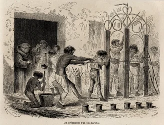 Die Vorbereitung von Feuerwerken in Sarayacu (Peru), Zeichnung von Riou zur Illustration von Paul Marcoys Reise vom Pazifik zum Atlantik von 1848 bis 1860. Gravur in „Le tour du monde“, herausgegeben von Edouard Charton