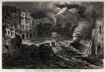 Der Platz von Torre del Greco, während des Ausbruchs des Vesuvs, 8. Dezember 1861, Zeichnung von Riou zur Illustration der Spaziergänge rund um Neapel von Marc Monnier, im Jahr 1862. Gravur in „Le tour du monde“, herausgegeben von Edouard Charton