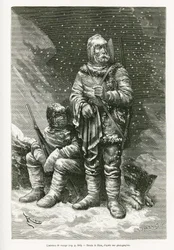 Die Reisetracht von Leutnant Payer und Leutnant Weyprecht, mehrere Kleidungsschichten, um den Schneestürmen zu trotzen, eine einziehbare Lederjacke, um das Gesicht vor Frost zu schützen, Stiefel und Fäustlinge aus Segeltuch und Flanell und schwere Brillen.