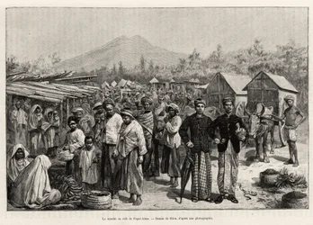 Der Spaziergang im Pager Alam Café (Malaysia). Gravur von Riou zur Illustration der Geschichte 