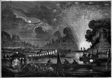 Venezianisches Fest in Neuilly zugunsten der Armen im Jahr 1858. Gravur von Riou in „Le Monde Illustré“ Nr. 77 vom 2. Oktober 1858.