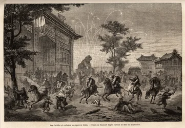 Feuerwerk in Peking und Verwirrung der Besatzung der französischen Gesandtschaft bei der Abreise nach Mongolei. Zeichnung von Vaumort, zur Illustration der Reise von Shanghai nach Moskau, 1859 bis 1862, von M. de Bourboulon, französischer Minister in China