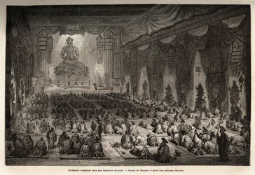 Religiöse Zeremonie in einer chinesischen Lamasserie, Zeichnung von Vaumort (?-1886), zur Illustration der Reise von Shanghai nach Moskau von 1859 bis 1862 von M. de Bourboulon, französischer Minister in China. Gravur in „Le tour du monde“, herausgegeben v