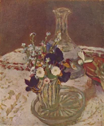 Blumenstrauß aus Stiefmütterchen, Vergissmeinnicht und Gänseblümchen um 1900, ca. 1900, 1946