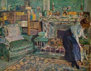 Marguerite Chapin in ihrer Wohnung mit ihrem Hund, 1910