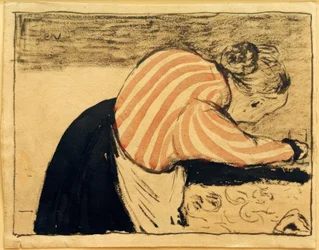 Alte Frau, die sich über den Tisch beugt