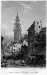 Ansicht von Landerneau und der Kirche Saint Thomas, Finistere, Bretagne, Frankreich. Gravur von Willmann in „La France ancienne et moderne“ von Jean-Bernard Mary-Lafon (Jean Bernard Mary Lafon)