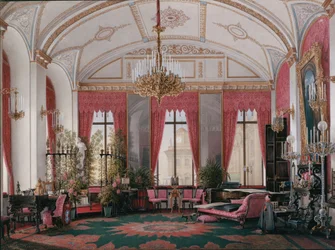 Innenräume des Winterpalastes. Das Himbeerzimmer von Kaiserin Maria Alexandrowna, 1860er Jahre