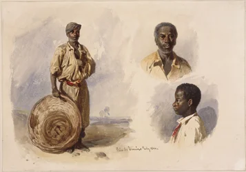 Drei Porträts von Afrobrasilianern: in Ganzfigur, stehend mit Korb, Brustbild eines Mannes en face und das eines Jungen im Profil
