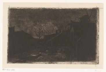 Landschaft mit Häusern und Mühle bei Abend