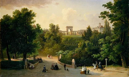 Blick von den Karlsaue-Gärten auf den Friedrichsplatz