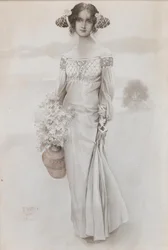 Ein Mädchen mit einem Krug und einem Blumenstrauß, 1914