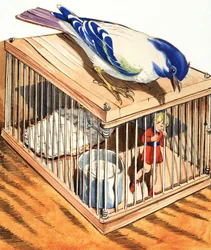 Däumelinchen in einem Vogelkäfig