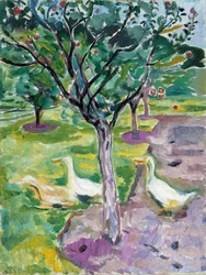 Gänse in einem Obstgarten