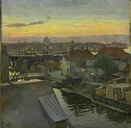 Blick über Wilders Plads in Christianshavn. Abend