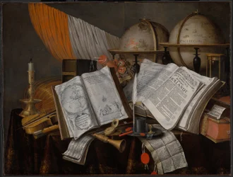 Ein Vanitas-Stillleben mit einer Flagge, einem Kerzenhalter, Musikinstrumenten, Büchern, Schreibutensilien, Globen und einer Sanduhr