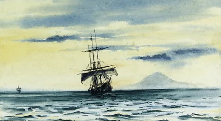 Der letzte Blick auf den Mount Discovery: SS. "Morning" und "Terra Nova" folgen der "Discovery" aus der McMurdo-Straße