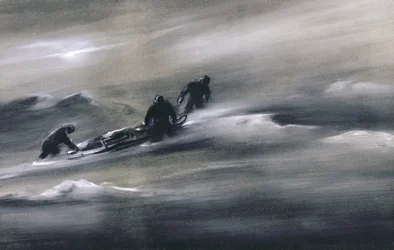 Drei Männer mit einem Schlitten im Schnee (1910-12)