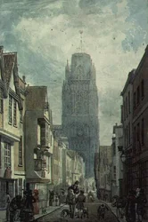 Redcliffe Street, Bristol, zeigt den Turm der Kirche St. Mary Redcliffe