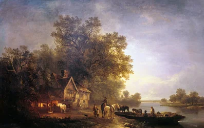 Flusslandschaft mit Bauern und Pferden, ca. 1860