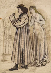 Szene von König René, der eine Figur schnitzt, beobachtet von seiner neuen Braut