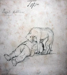 William Morris spielt mit seinem Hund, ca. 1890