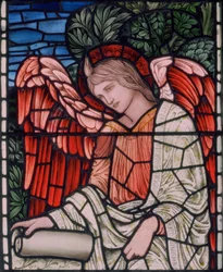 Birmingham, Acocks Green, St Mary the Virgin, Morris & Co., Edward Burne-Jones, John Henry Dearle (1859-1932), Engel mit Schriftrolle, Detail, 1895