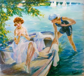 Sommertag am See mit zwei jungen Damen im Boot
