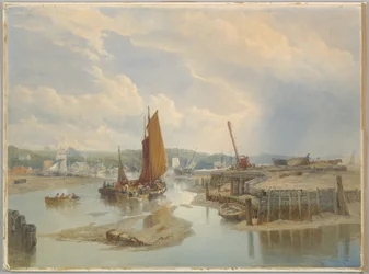 Eine Stadt an einer Flussmündung bei Ebbe