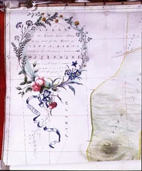 Archiv 5614 Beschreibende Kartusche eines Plans des Herrenhauses von Alton Barns, das zum New College, Oxford gehört