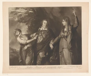 Porträt von David Garrick zwischen Personifikationen von Komödie und Tragödie