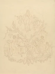 Weibliche Figuren und Putti spielen Musikinstrumente